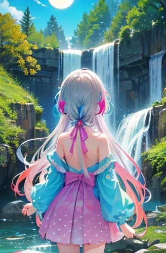 (rainbow colored hair, colorful hair, half silver、half pink hair: 1.2), ,long hair、(cinematic digital artwork: 1.3), high qualit...