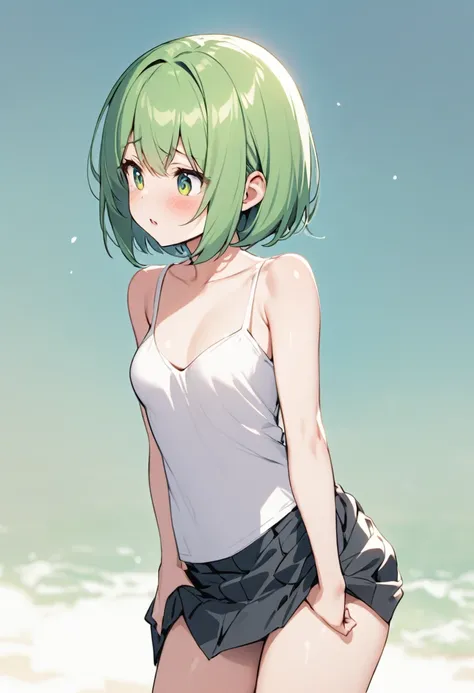 Woman with short green hair, short stature and small breasts lifting her skirt