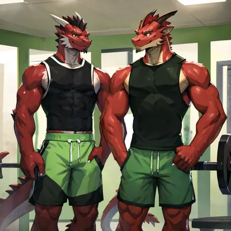 there is a red dragon taking a selfie in a mirror, athletic tall handsome guys, big abs, wearing a tank top and shorts, fit pic, tight green tank top and shorts, wearing green shorts, wearing fitness gear, in shorts, in a gym, sporty physique, full body pi...