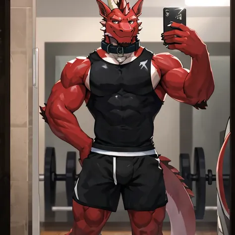 there is a red dragon taking a selfie in a mirror, athletic tall handsome guys, big abs, muscular, 1boy, solo, wearing a jockstrap, collar dog in shorts, in a gym, sporty physique, full body picture, tight black tanktop, wearing tanktop, 30 year old man ::...