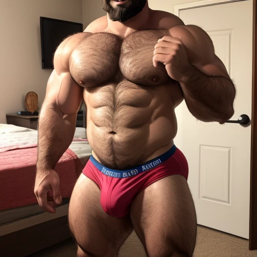 Male, hairy, muscular, beefy, bearded, full body, bedroom, sweaty, hairy chest, hairy arms, hairy belly, hairy legs, frontal view, detailed speedo, big underwear bulge