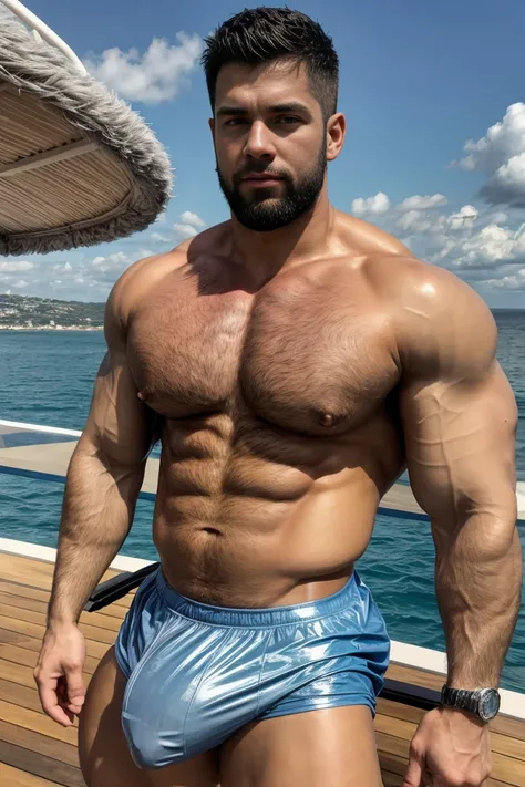 wide angle，Medium shot of two handsome guys，plump breasts，swelling of chest muscles，Full chest muscles，swelling of chest muscles，sweating，Skin is moisturized and shiny，(face slimming)，short hair，beard，Sexy and charming expression，gloomy eyes，blue eyes，Naug...