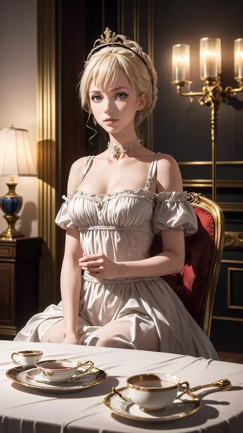 ((最high quality, 8K, masterpiece: 1.3, Ultra HD, high quality, 最high quality, High resolution, realism)) 、Marie Antoinette、Inside the Palace of Versailles in France、Enjoy tea time in a luxurious room