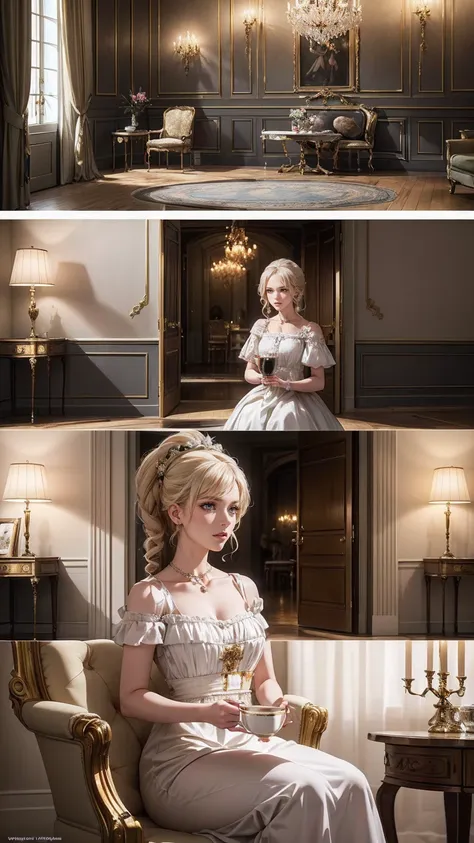 ((最high quality, 8K, masterpiece: 1.3, Ultra HD, high quality, 最high quality, High resolution, realism)) 、Marie Antoinette、Inside the Palace of Versailles in France、Enjoy tea time in a luxurious room