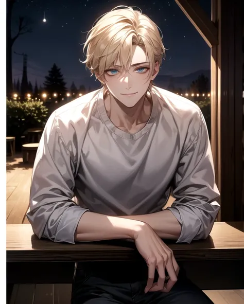 table top,highest quality,male,,((40 generations)),beautiful eyes,nihilistic smile,blonde,gray eyes,(face shot:1.3),detailed face,8K resolution,night,dark,casual clothes,plain shirt,wild,bitterness,Tree eyes,night景,bar