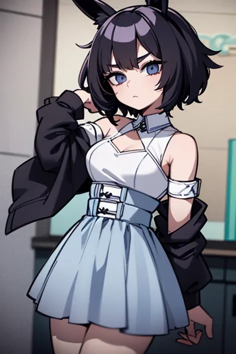 A girl with short black hair above her shoulder, Lilac eye color, black rabbit ears, pele branca, expressionless on her face and wearing a light blue and white dress in the style of a porcelain doll.