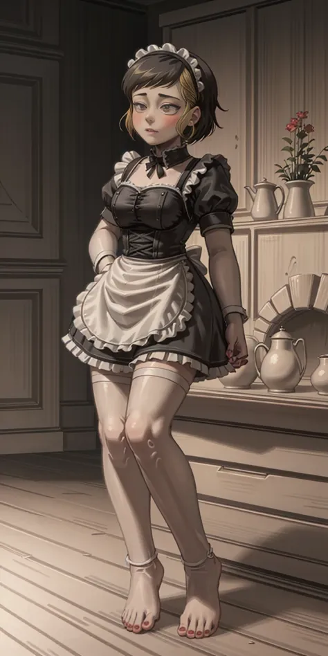 1girl, cute, ((Short black hair girl and long blonde hair girl)), maid victorian, maid apron, straight face, dazed, Body position: Standing, straight, symmetrical, barefoot, Lustful smile on face with red blush