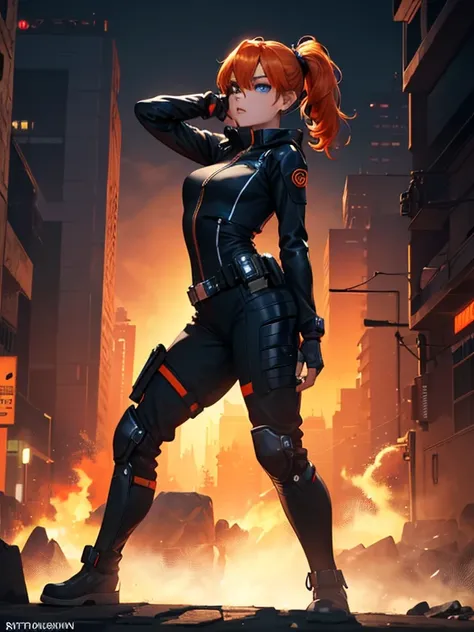 1girl, Sexy Experienced Cyberpunk Agent, short orange hair, pony tail style, blue eyes, (Wearing: futuristic black tight jumpsuit, utility belt, boots), light skin, natural makeup, athletic body, holding two pistols with both hands, looking fiercely at the...