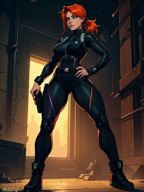 1girl, Sexy Experienced Cyberpunk Agent, short orange hair, pony tail style, blue eyes, (Wearing: futuristic black tight jumpsuit, utility belt, boots), light skin, natural makeup, athletic body, holding two pistols with both hands, looking fiercely at the...