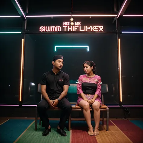 A husband and wife from Asia sit on chairs, Muslims, there are neon lights in the form of the words "Selamat Idul Fitri" on the wall. studio background with Ramadan themed ornaments