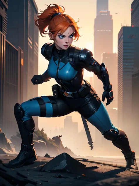 1girl, Sexy Experienced Cyberpunk Agent, short orange hair, pony tail style, blue eyes, (Wearing: futuristic black tight jumpsuit, utility belt, boots), light skin, natural makeup, athletic body, holding two pistols with both hands, looking fiercely at the...