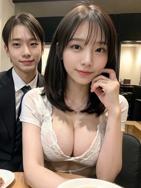 ((highest quality, 8K, table top :1.3)), (realistic, realistic:1.4)Beautiful Japanese woman with perfect figure :1.4, big breasts, cute gal smile, (bright:1.4), Beautiful woman, (highly detailed face:1.2), fine eyes, double eyelid, slim:1.9, thin, oily ski...