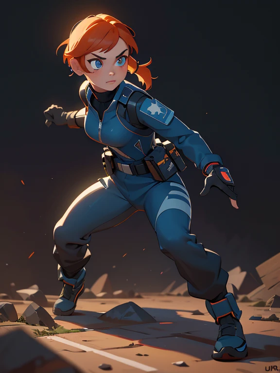 1girl, Sexy Experienced Cyberpunk Agent, short orange hair, pony tail style, blue eyes, (Wearing: futuristic black tight jumpsuit, utility belt, boots), light skin, natural makeup, athletic body, holding two pistols with both hands, looking fiercely at the...