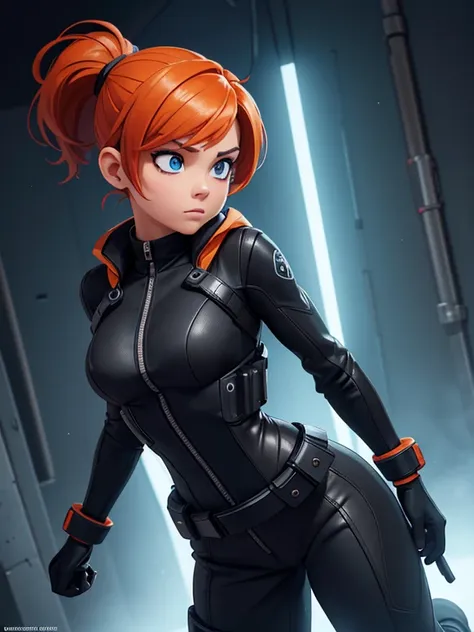 1girl, sexy experienced cyberpunk agent, short orange hair, pony tail style, blue eyes, (wearing: futuristic black tight jumpsui...