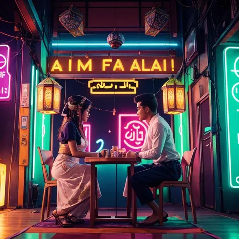 A husband and wife from Asia sit on chairs, Muslims, there are neon lights in the form of the words "Selamat Idul Fitri" on the wall. studio background with Ramadan themed ornaments