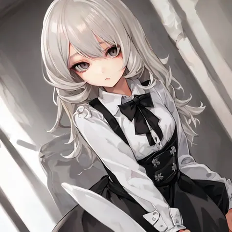 platinum blonde hair, girl, hazel eyes, cute, peasant, headshot, gray button up shirt, long black skirt