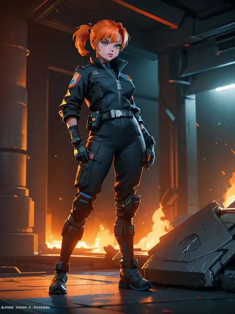 1girl, Sexy Experienced Cyberpunk Agent, short orange hair, pony tail style, blue eyes, (Wearing: futuristic black tight jumpsuit, utility belt, boots), light skin, natural makeup, athletic body, holding two pistols with both hands, looking fiercely at the...