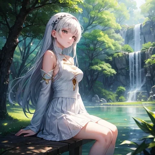 Anime woman wearing white dress,Wear a white skirt.,Sitting in a fantasy world,Look at the warm atmosphere.,There are shady trees.,alone