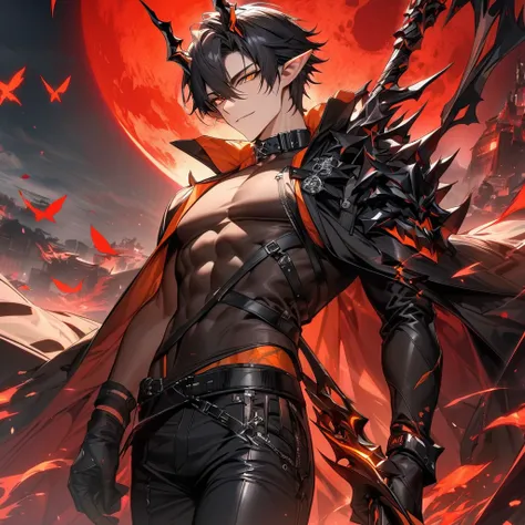 (absurdres, highres, ultra detailed, HDR), master piece, best quality, vibrant orange eyes, 1man, handsome face, Flamebringer, Arknights, black short hair, hair between the eyes, pointy ears, black horns, black leather pants, black collar, red moon, red bu...