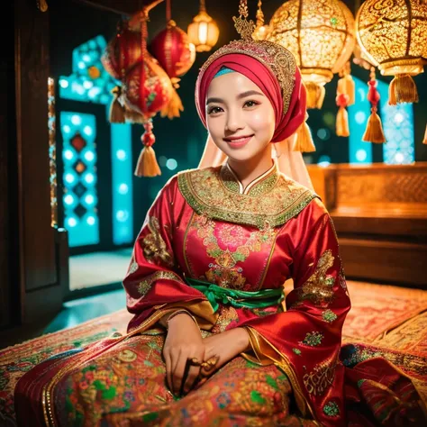 (best quality, high-res, ultra-detailed:1.2), (cinematic portrait), (HDR, vibrant colors: 1.1), (beautiful couple), (Asian heritage), (traditional Muslim attire), (warm family atmosphere), (comfortable sitting positions), (Asian facial features), (expressi...