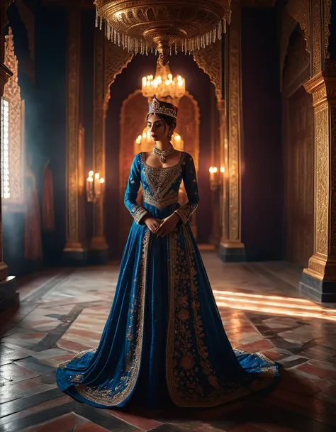 A mystery environment, with dimly lit candles flickering against the walls, casting eerie shadows across the floor. In the center of the room standed a female figure dressed in a rehal dress and a majestic crown eminating a royal aura and graceness, soft f...