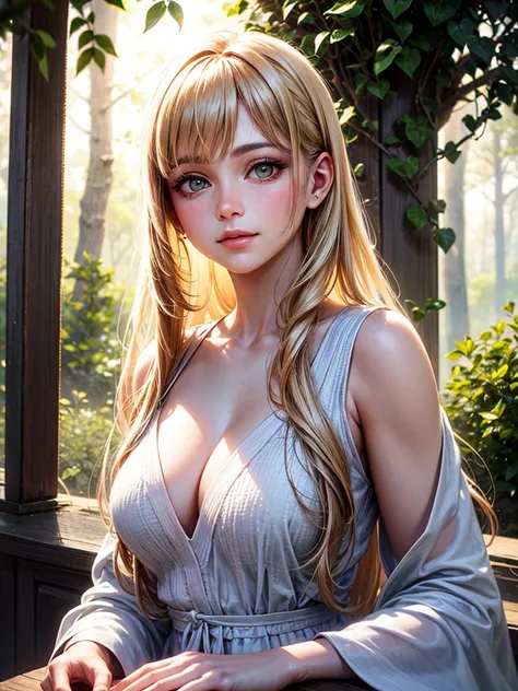 beautiful girl,blonde hair,green pupils,(best quality,4k,8k,highres,masterpiece:1.2),ultra-detailed,(realistic,photorealistic,photo-realistic:1.37),portrait,soft lighting,vivid colors,natural beauty,graceful posture,long flowing hair,delicate features,ench...