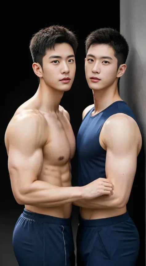 Two male lovers in their 20s took a photo together...., Wear a navy shirt......................, High resolution, masterpiece, best quality, head:1.3,((Hasselblad photos)), delicate skin, Full chest muscles，abdominal muscles，topless，Ultra-thin tight baseba...