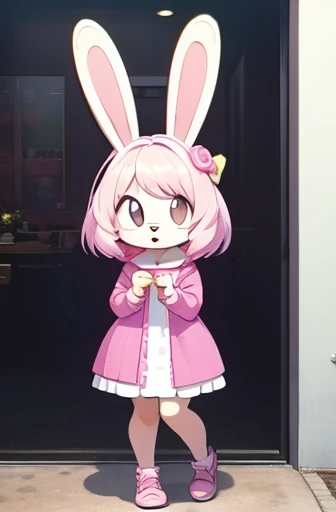 Cute kawaii niña bunny furry girl brown eyed Full body with a very cute vestido pink 