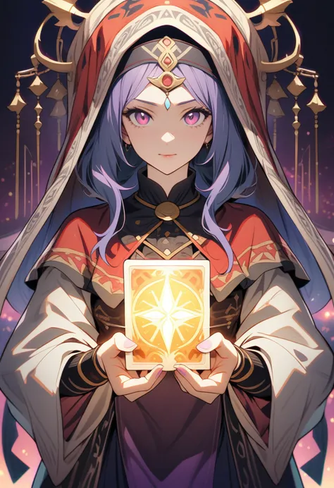 animated image of a fortune teller holding a tarot card and showing it to the viewer