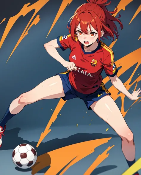 chainsaw man makima Warning a fc barcelona kit. She is sweating playing soccer. High quality, half naked, red hair,