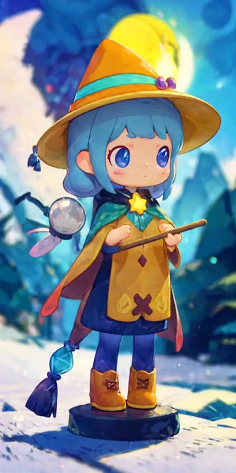 blindbox, masterpiece, best quality, ultra-detailed, illustration, 1girl, solo, fantasy, flying, broom, night sky, outdoors, magic, spells, moon, stars, clouds, wind, hair, cape, hat, boots, broomstick, glowing, mysterious, enchanting, whimsical, playful, ...