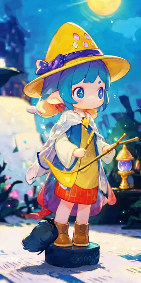 blindbox, masterpiece, best quality, ultra-detailed, illustration, 1girl, solo, fantasy, flying, broom, night sky, outdoors, magic, spells, moon, stars, clouds, wind, hair, cape, hat, boots, broomstick, glowing, mysterious, enchanting, whimsical, playful, ...