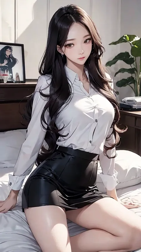 masterpiece, best quality,(realistic:1.4), long hair, hairstyle with waves,sexy, realistic 피부질감, realistic 피부, slim, NSFW,Clear face, perfect face,suit,mini skirt 