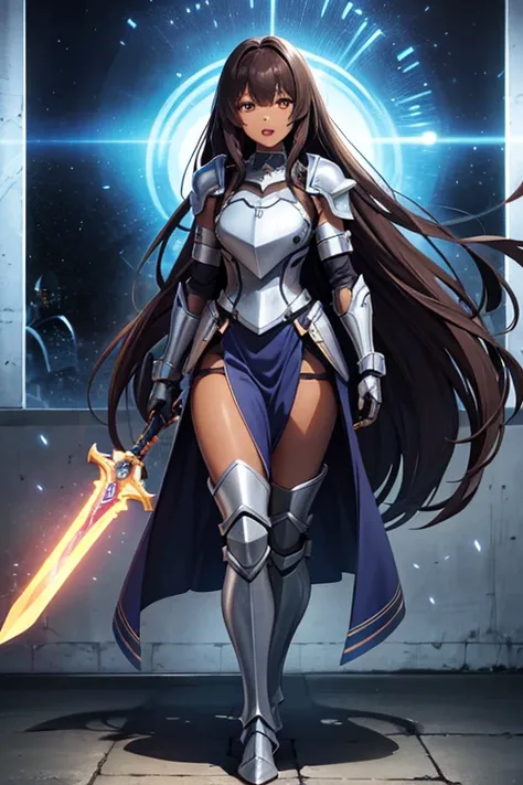 anime picture、Full body portrait、A 34-year-old dark-skinned woman, about 160cm tall.、Futuristic science fiction armor、have a sword、screaming with open mouth、Brown semi-long hair、Breastplate、gloves、arm guard、Leggers、shoulder armor、boots
