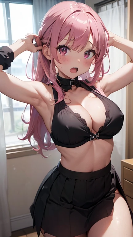 mastute piece,Best Quality,insanely detailed,8k cg,nsfw,
(shoot upper body:1.3),
(1girls:1.3),standing,arms up,looking at viewr,(breast short curtain:1.3),(side boob:1.1,under boob:1.1,boob-high-slit-skirt:1.2),
break,
blush,shy,ecstasy face,gasping,(tremb...