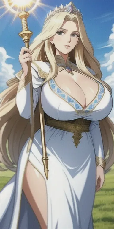 Masterpiece: superb super detailed goddess, white robe, long hair, blonde staff, sunshine, blue sky, big breasts, mature women, cleavage