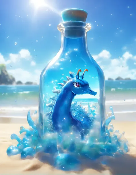 araffe on the beach with a blue bottle in the sand, made out of clear plastic, washed up, beautiful glass work, realistic glass sculpture, full of glass. cgsociety, made out of plastic, made out of glass, deep ocean sculpture, sea creature, blue transparen...