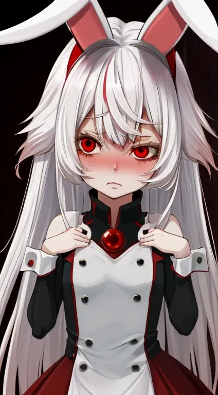 Anime girl with white hair and bunny ears, Red eyes, He blushed shyly, 