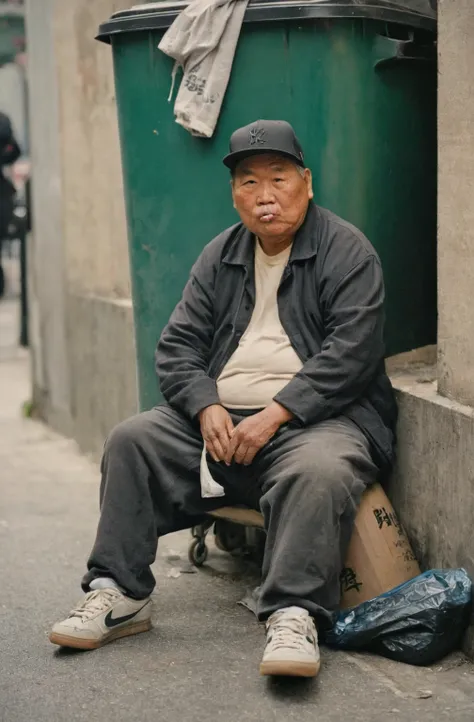 original photo, Dirty streets, 1 23-year-old fat boy from Hong Kong, male focus, sitting next to the trash can, skate shoes,skateboard pants，Keep your skateboard nearby， Wear a baseball cap backwards,(((smoking，Arrogant expression，Stare at the camera，spit ...