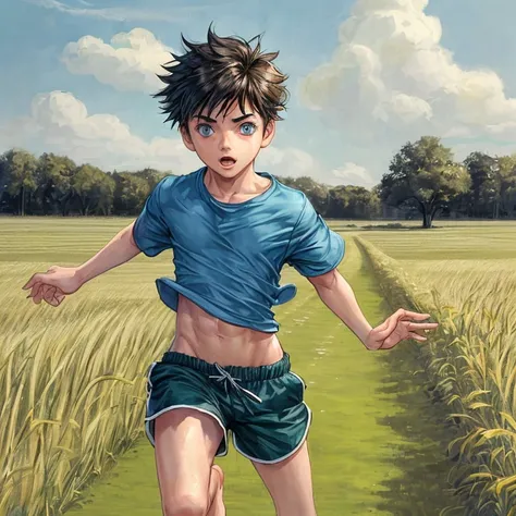 12 year old boy with shorts bare chest running in the field