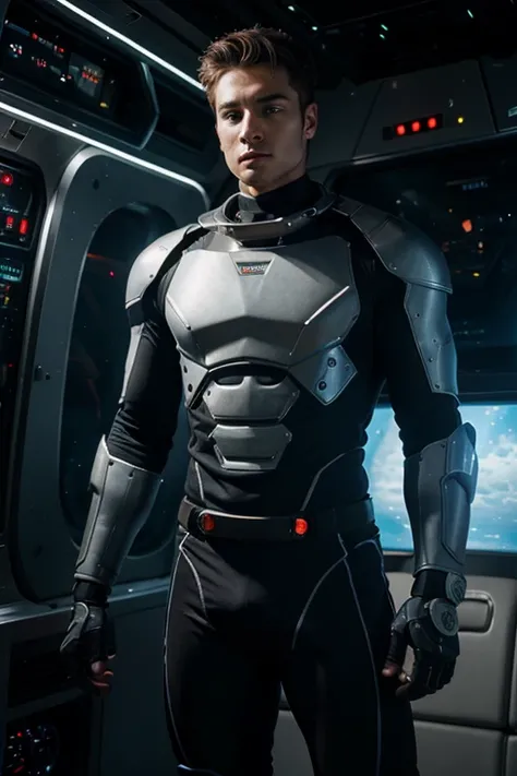 a young handsome and musculer boy in robot suit with a high tech gun and in space