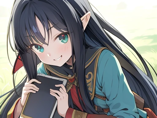 battle,girl,long hair,anime,game,smile,cute,elf,black hair