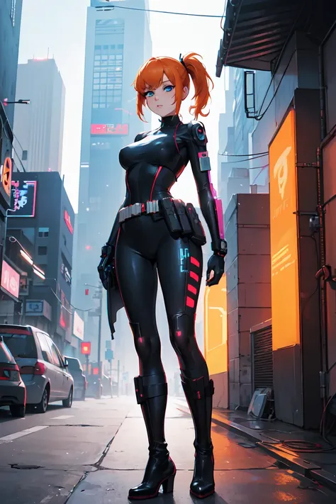 hd masterpiece, anime girl, 1girl ((32year old, dressed in a tight futuristic sci-fi bodysuit, utility belt, boots, medium breasts, short orange hair, pony tails, perfect model body:1.3, detailed blue eyes:1.5, standing the streets of a cyberpunk city with...