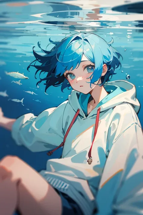 ((highest quality))　((masterpiece))　perfect face　blue hair　short hair　odd eye　An illustration　Light Blue Hoodie　one person　In the sea　Swimming　neutral　let your hair flow　Highest image quality　middle School girls　