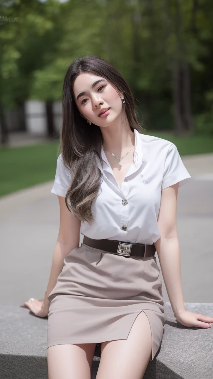 (8k, best quality, masterpiece, ultra highres:1.2) Photo of Pretty thai woman beautiful, beautiful enchanting fashion contemporary painting with , (1girl), (white shirt short sleeves), ((black pencil skirt)), belt, ((hand down)) , short hair , , realistic ...