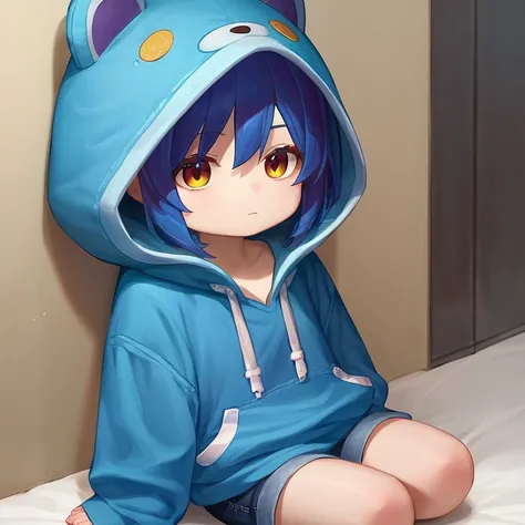 score_9, score_8_up, score_7_up, fumo (doll), chibi, solo, 1girl, dcchan, expressionless, sitting, blue hair, blue hoodie, animal hood, jeans 