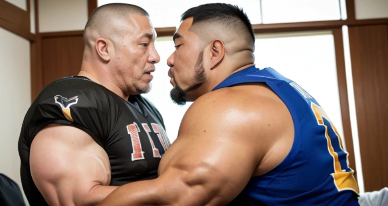 fat face, (facing each other:1.2), (kissing:1.2), (football jersey:1.2), inside bed room, Japanese man, Chinese man, Korean man, Taiwanese man, manly face, round face, monolid eyes, (buzz cut:1.4), very large and strong body, bulging muscles, very large pe...