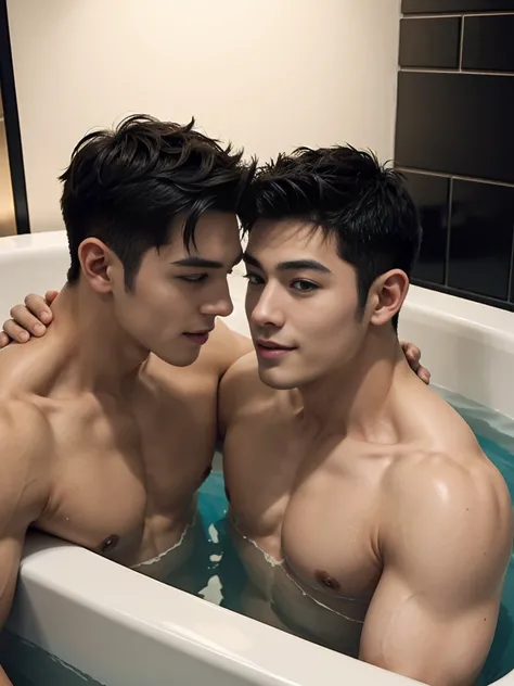 Two boys kissing，In a spacious and luxurious bathtub，thong，handsome man，Full chest muscles，Six-pack abs，Raised sexy, smile at each other ，blue eyes，Sexy and charming expression，Affectionate and loving，Perfect hand details