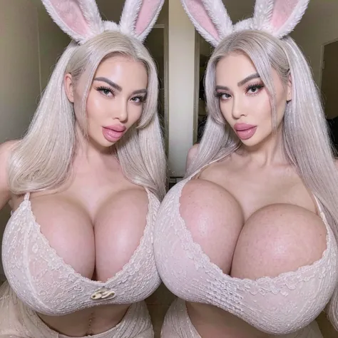 18, bimbo, seductive eyes, wavy cute straight platinum white hair, light skin korean, tan eyebrows, big lips, bimbo, beautiful, cute, perfect teen face, perfect body, exaggerated hourglass, massive cleavage, big  (massive/mega/hyper breasts) pink fluffy br...