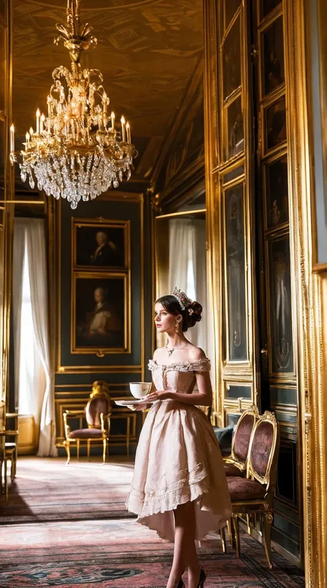 ((最high quality, 8K, masterpiece: 1.3, Ultra HD, high quality, 最high quality, High resolution, realism)) 、Marie Antoinette、Inside the Palace of Versailles in France、Enjoy tea time in a luxurious room